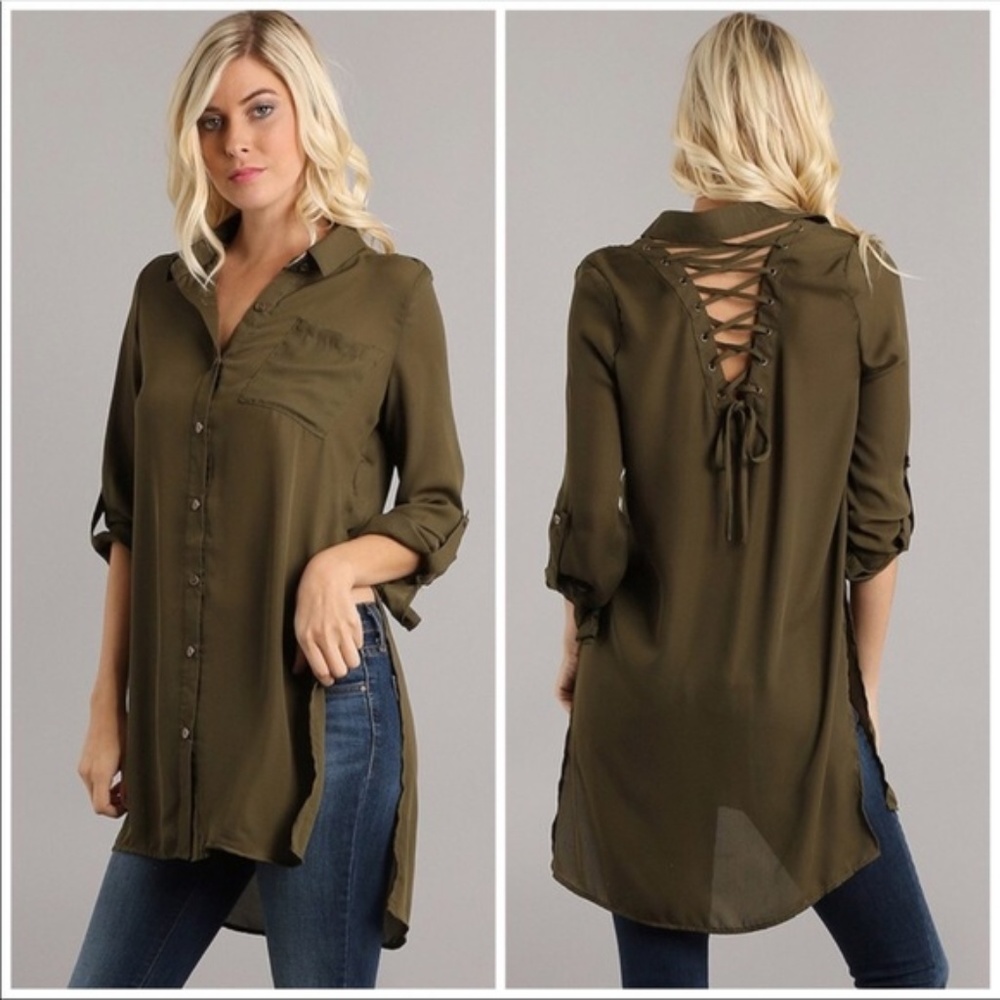 Bamboo - High Low Olive Lace-Up Top grade A